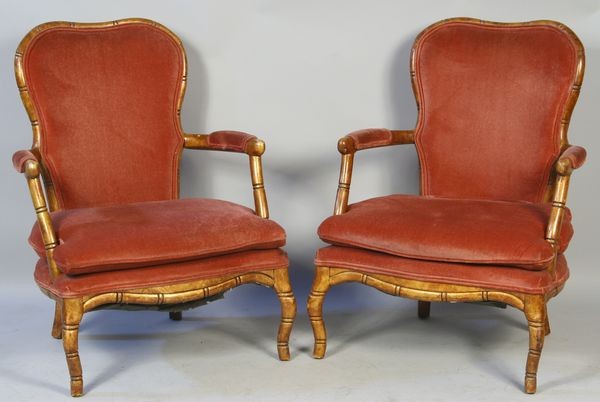 Pair of Early 20th C. Queen Anne Style Armchairs: Pair of early 20th Century Queen Anne style burl walnut and faux bamboo open armchairs with plush upholstery and cushions, 36"h x 27"w x 27"d. Wear to finish.