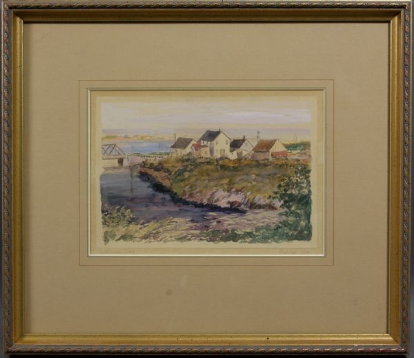 George Hand Wright, "Sluice Way", W/C: George Hand Wright (American, 1872-1951), "Sluice Way", showing several buildings near water inlet with bridge and grass-covered banks, w/c mounted to cardboard signed "G.Wright, N.A.", titled on left