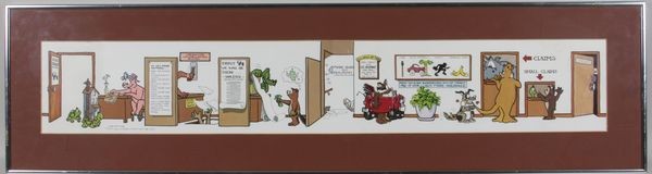 Robert Marble, "Insurance," Lithograph : Robert Marble (American, b. 1943), "Insurance," cartoon reproduction, offset lithograph, limited edition, signed in pencil "565/750 '84", 10 1/4" x 38 1/4". Provenance: From the 20th Century Props lig