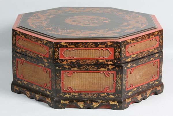 Early 20th C. Chinese Cinnabar Octagonal Box: Early 20th C. Chinese cinnabar octagonal box, 16"h x 17"d. Good condition.