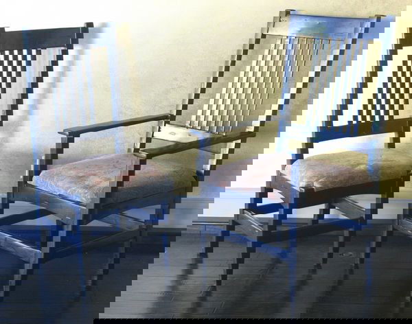 Set of Eight (8) Custom Made Wood Dining Chairs: Set of eight (8) custom made wood dining chairs with upholstered seats, to include two (2) armchairs and six (6) side chairs, side chairs are 44 1/2"h x 24 3/4"w x 25"d, 19" height of seat. Good condi