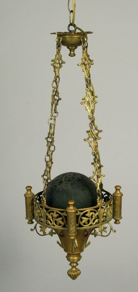 Antique Gothic Light Fixture: Antique Gothic brass and jeweled light fixture, 27"h x 8"w.