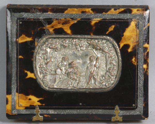 19th C. French Tortoise Shell Frame Album: 19th Century French tortoise shell frame album with intaglio silver over copper insert, 6 1/2" x 5". Good condition.