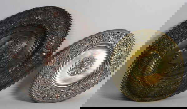 Two (2) Antique Chargers: Two (2) Antique brass and bronze chargers, 17"dia and 13"dia.