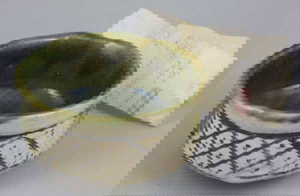 Oribe-style Tea Bowl: Oribe-style tea bowl with note: "dish from Mrs. Mizo guchi, made by her" 2 1/2"h x 4 7/8" dia. Good condition.