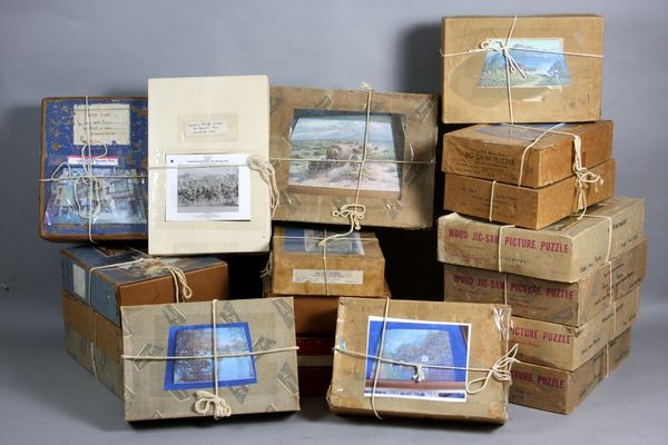 Lot of Early 20th C. Wooden Jigsaw Puzzles: Lot of early 20th Century wooden jigsaw puzzles, all intact, completed and photographed. Some in original boxes.