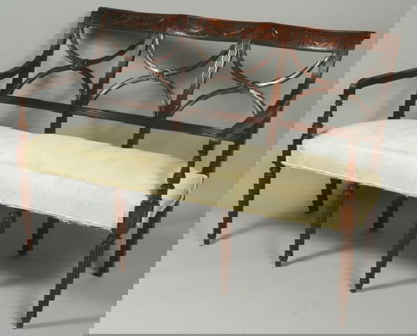 Late 19th/Early 20th C. Duncan Phyfe Style Settee: Late 19th/Early 20th Century Duncan Phyfe style mahogany settee, 36"h x 53"w x 23"d.