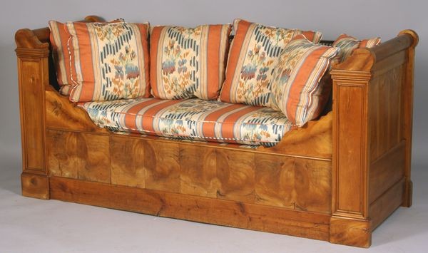 19th C. German Biedermeier Settle Bench: 19th Century German Biedermeier settle bench, 35"h x 76"w x 26 1/2"d. Good condition.