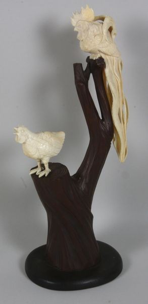 Late 19th C. Japanese Carved Ivory Cock and Hen: Late 19th Century Japanese carved ivory cock and hen perched on carved wooden tree stump, 10 1/2" overall.