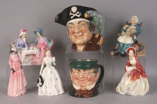 Lot of Seven (7) Royal Doulton Figurines: Lot of seven (7) Royal Doulton figurines and Toby Jugs including: Her Lady Ship #1977, Maureen, Carolyn, Nanny, Afternoon Tea, Long John Silver, and Man with Spectacles, Long John Silver is 7"h. Good 
