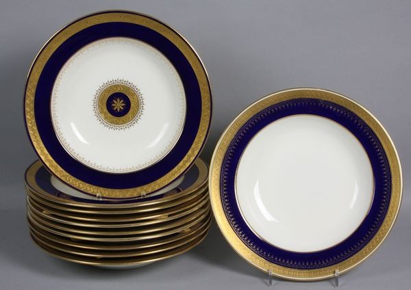 Eleven (11) Minton Soup Bowls: Eleven (11) Minton deep soup bowls with cobalt and gilt borders. Minor wear.