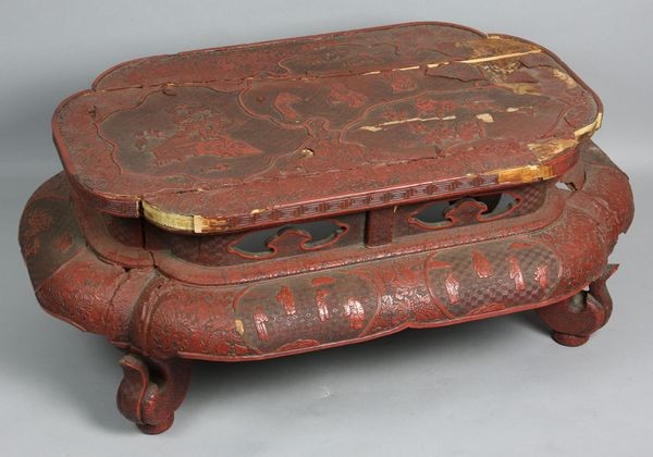 19th C. Chinese Cinnabar Stand: 19th Century Chinese cinnabar footed stand. As is.