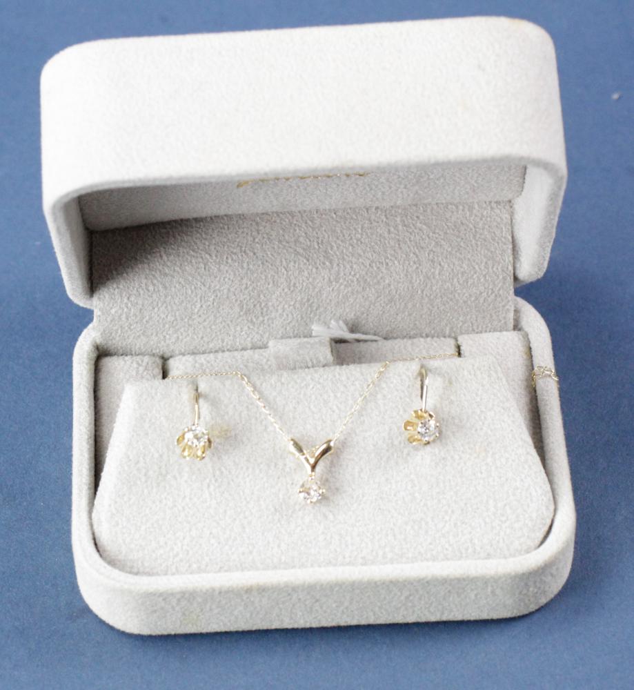 14k Yellow Gold and Diamond Earrings and Matching: Pair of 14k yellow gold and diamond screw-back earrings with matching necklace; diamonds approximately 3/16 cts each, chains 17" L, approximately less than 1 gram TW. (NOTICE: All jewelry including si
