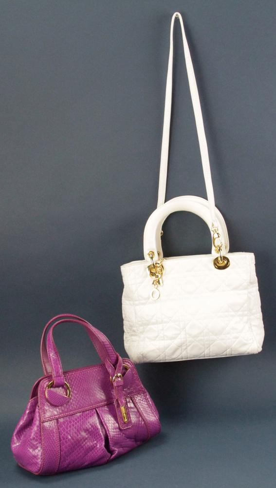 Sergio Rossi and Leather Handbags: Sergio Rossi, faux snake skin leather purple handbag and Italian white leather handbag, lot of (2). Provenance: Palm Beach, Florida.