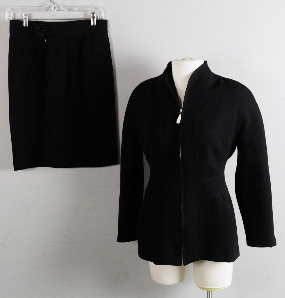 Claude Montana Black Skirt Suit: Claude Montana black suit with skirt and zip-up jacket, size 42.