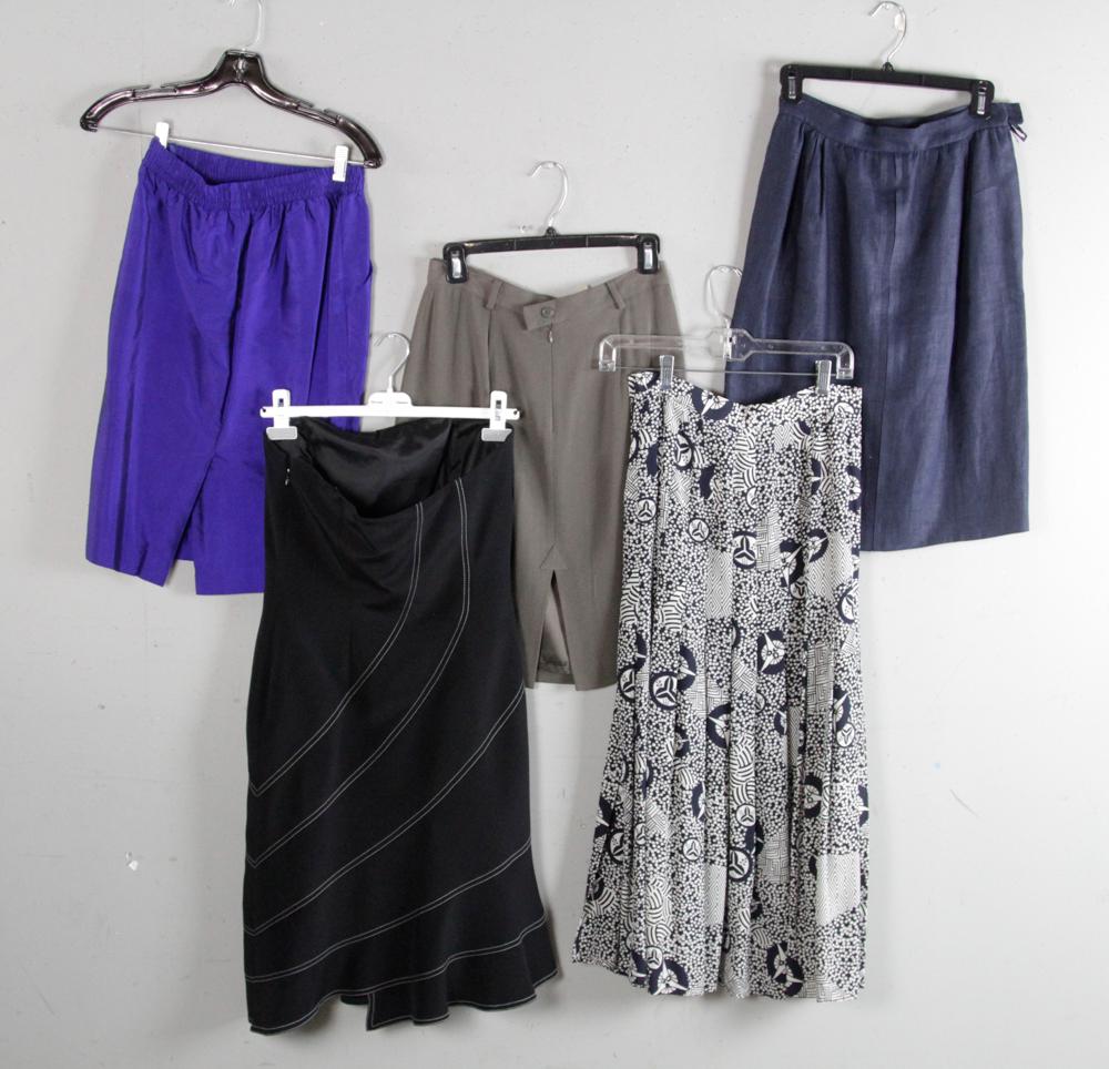 Ladies Skirts, D Karan, Meister, Escada, Armani: Group of five ladies' skirts, to include Donna Karan, David Meister, Escada, Valentino, and Emporio Armani. Size 6-8.