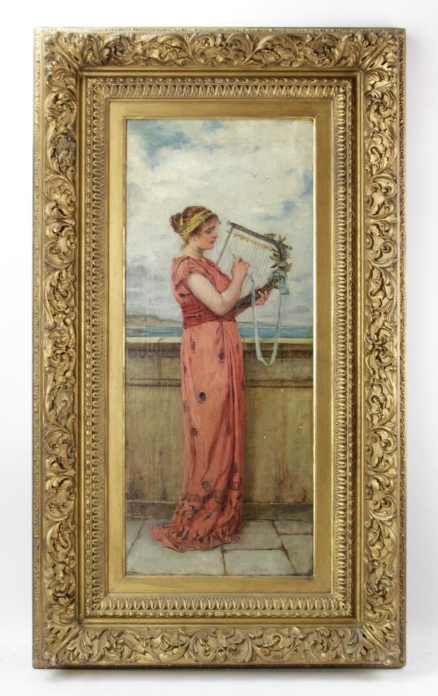Lady with Hand Harp, Oil on Canvas: Lady with Hand Harp, Italian school, signed indistinctly lower right, oil on canvas, 29" x 12" view, 41" x 24" in 19th century period frame. Provenance: Natick, Massachusetts.