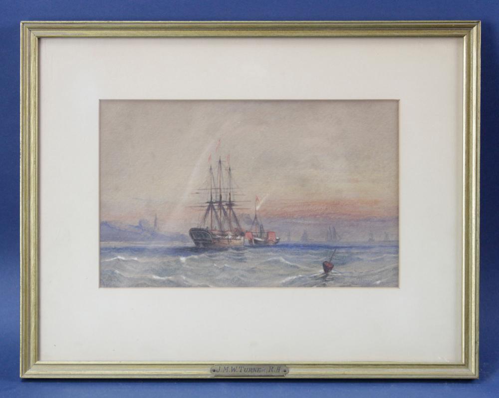 Labeled JMW Turner, Boats in Harbor, Watercolor: Labeled J.M.W. Turner, R.A., boats in harbor, watercolor, 6" x 10", framed 11" x 15". Provenance: Estate of August van der Becq, Westport, Connecticut.