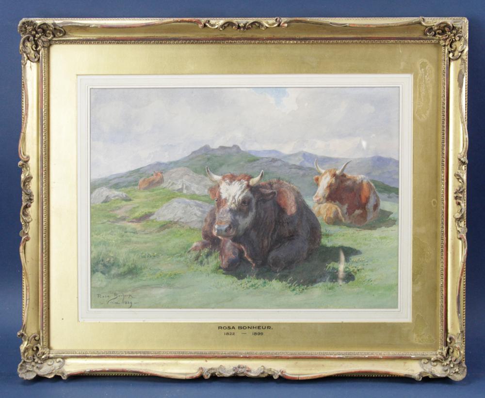 Rosa Bonheur, Steer, Watercolor: Rosa Bonheur (1822-1899), steer, watercolor, signed and dated 1899 L/L, 15" x 19", framed 17" x 21". Provenance: Estate of August van der Becq, Westport, Connecticut.