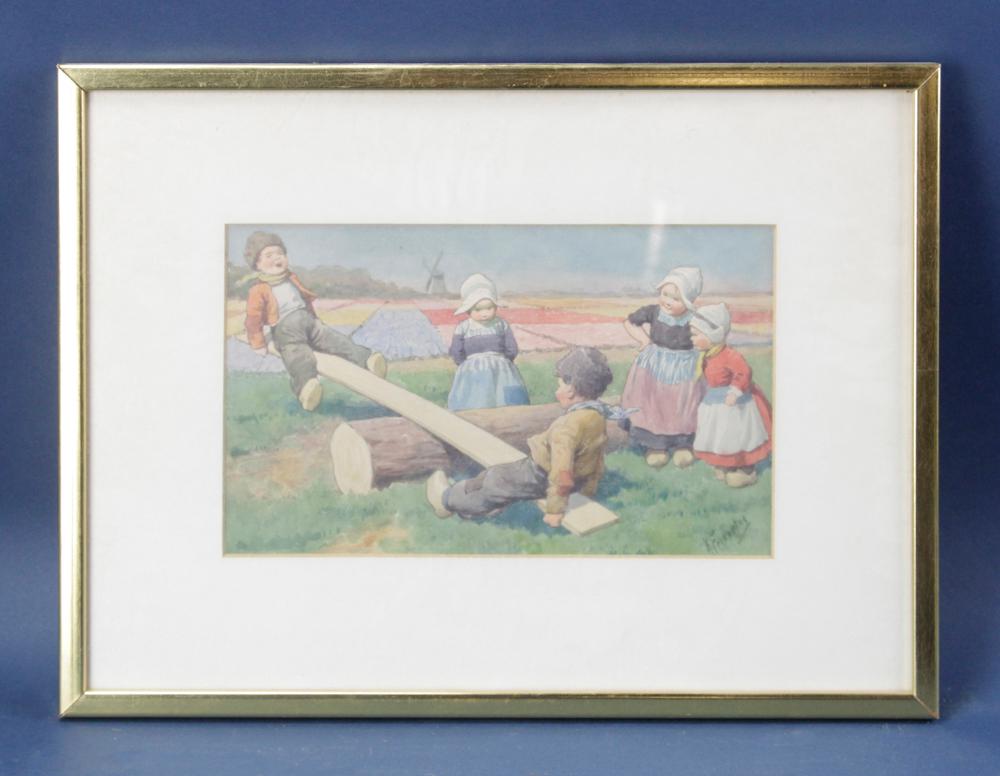 K. Feiaratugh, Dutch Children Playing, Watercolor: K. Feiaratugh, Dutch children playing on seesaw, watercolor, signed L/R, 7" x 10", framed 13" x 17". Provenance: Estate of August van der Becq, Westport, Connecticut.