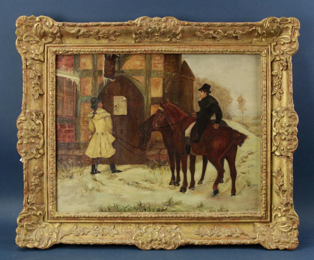 Initialed GT, English View of Man on Horseback: Initialed GT, English view of man on horseback in winter, oil on canvas, 14" x 18", framed 19" x 23". Provenance: Estate of August van der Becq, Westport, Connecticut.