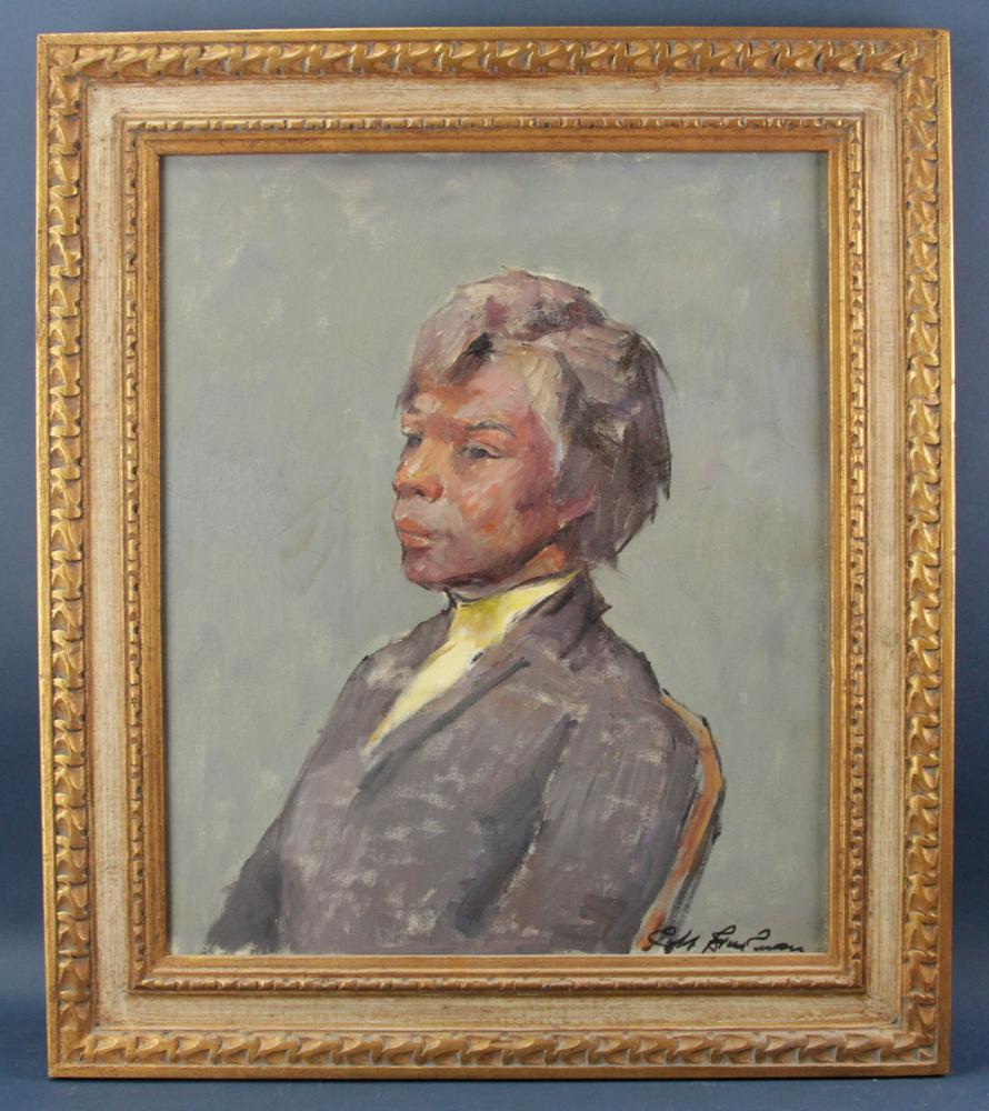 Portrait of Young Black Boy, Oil on Canvas: Portrait of a young black boy, oil on canvas, signed L/R, 24" x 20", framed 30" x 26". Provenance: Estate of August van der Becq, Westport, Connecticut.