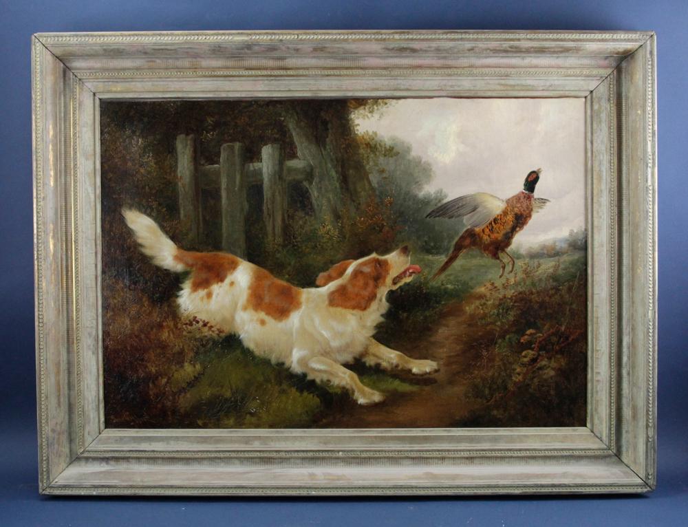 John Gilbert, Dog Chasing Pheasant, Oil on Canvas: John Gilbert, dog chasing a pheasant, oil on canvas, signed L/L, 24" x 36", framed 32" x 44". Provenance: Estate of August van der Becq, Westport, Connecticut.