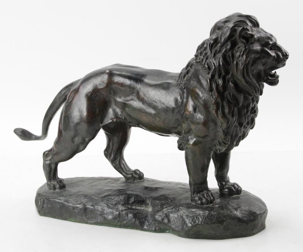 Alfred Barye, Lion, Bronze: Alfred Barye, lion, bronze sculpture, 11 1/2" H x 18" L. Provenance: Estate of August van der Becq, Westport, Connecticut.