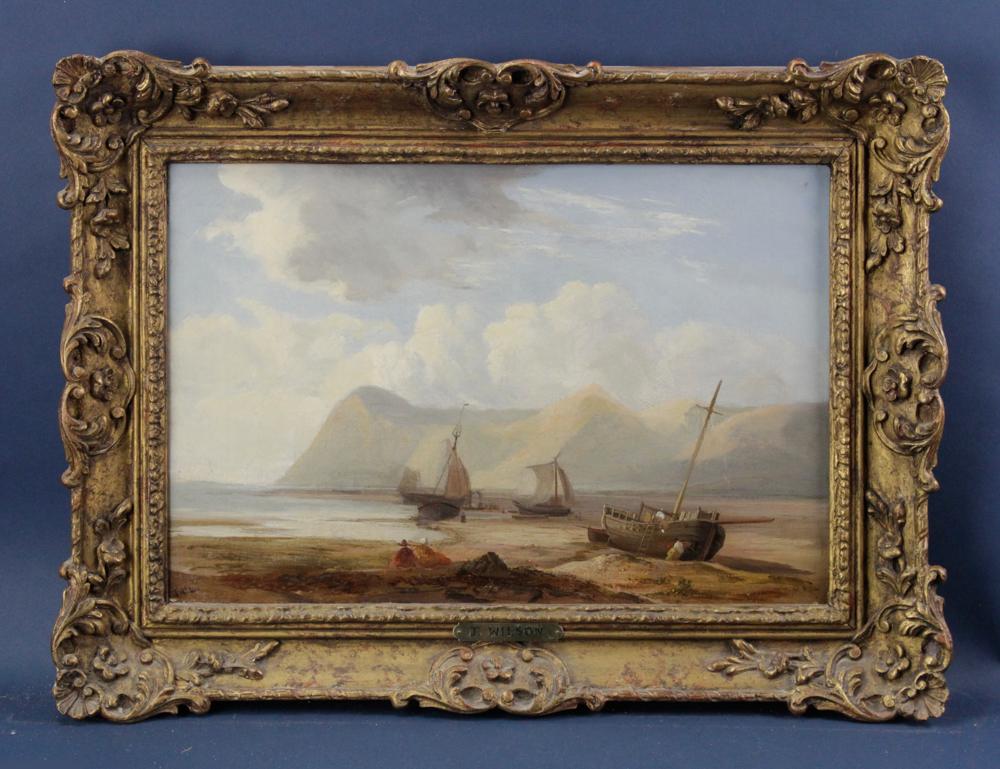 J. Wilson, Boats on Shore, Oil on Canvas: J. Wilson, boats on shore, oil on canvas, signed L/L, 13" x 19", framed 18" x 24". Provenance: Estate of August van der Becq, Westport, Connecticut.