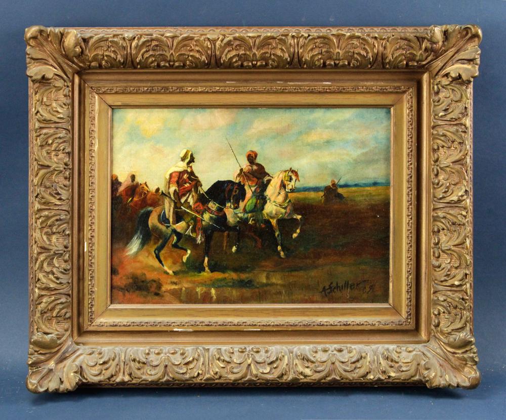 A. Schiler, Arabs on Horseback, Oil on Canvas: A. Schiler, Arabs on horseback, oil on canvas, signed and dated 1905, 10" x 14", framed 17" x 21". Provenance: Estate of August van der Becq, Westport, Connecticut.