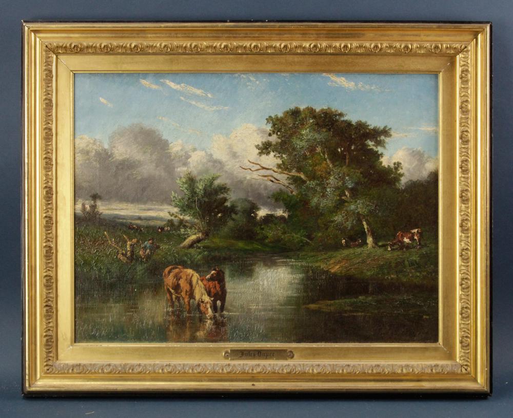 Jules Dupre, Landscape with Horses in Stream: Jules Dupre, landscape with horses and cows in a stream, oil on canvas, signed L/R, 16" x 21", framed 21" x 26". Provenance: Estate of August van der Becq, Westport, Connecticut.