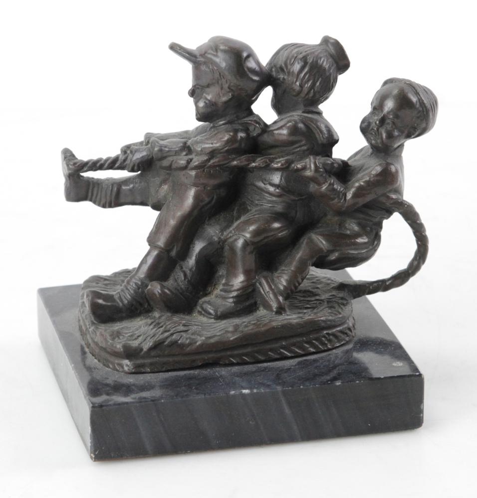 SJ, Bronze Sculpture of Children, Tug of War: Initialed S. J., bronze sculpture of three children, titled "Tug of War", on black marble base, 6" H x 4 1/2" W x 4 1/2" D. Provenance: Estate of August van der Becq, Westport, Connecticut.