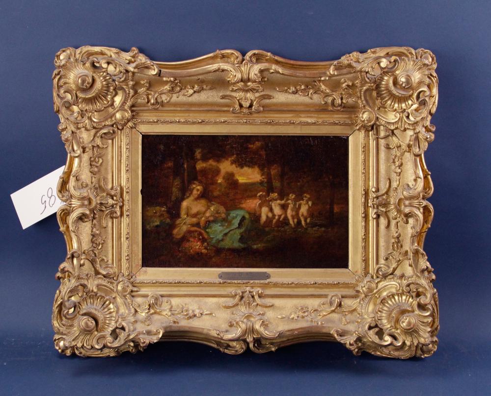 Labeled Diaz de la Pena, Lovers Dream, Oil on Canvas: Labeled N. Diaz (de la Pena), "Lover's Dream", oil on canvas, signed L/L, 9" x 13", in original carved gilt gesso and wood frame 19" x 23". Provenance: Estate of August van der Becq, Westport, Connect