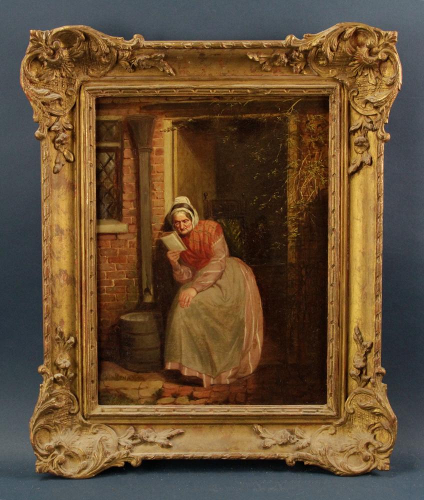 Old Woman Reading in Doorway, Oil on Canvas: Old woman reading in doorway, oil on canvas, signed indistinctly, 16" x 12", framed 21" x 17". Provenance: Estate of August van der Becq, Westport, Connecticut.