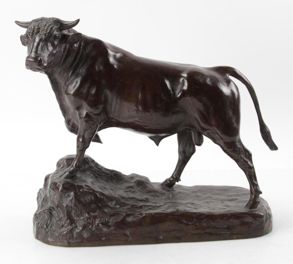 Bonheur, Bronze Sculpture of Bull: Bonheur, bronze sculpture of bull, signed, 13" H x 15 " L x 6" D. Provenance: Estate of August van der Becq, Westport, Connecticut.
