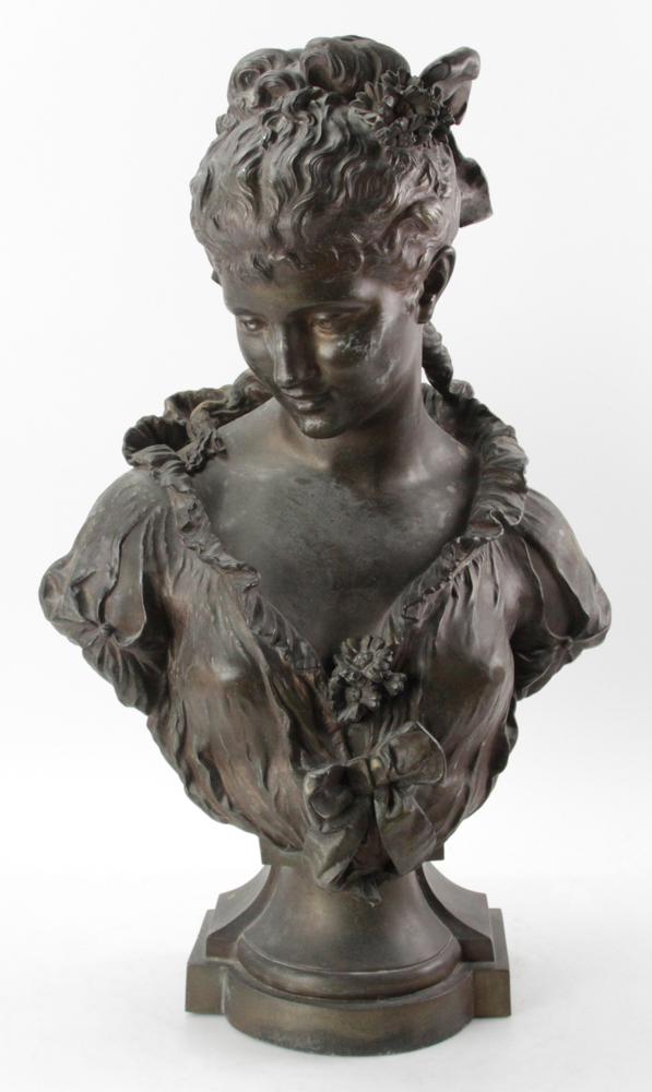 M. Moreau, Bronzed Metal Bust of Woman: M. Moreau, bronzed metal bust of a young woman, signed, 27" H x 17" W x 11" D. Provenance: Estate of August van der Becq, Westport, Connecticut.