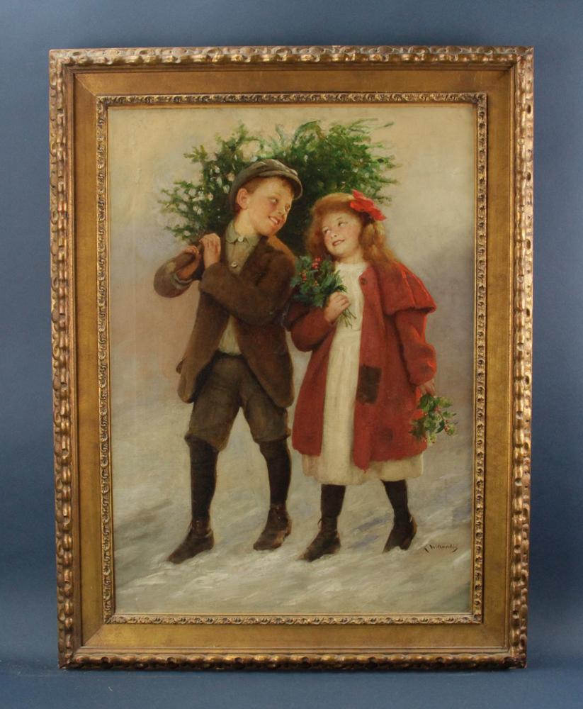 Karol Witkowski, Holiday Scene, Oil on Canvas: Karol Witkowski (1860-1910), holiday scene of young children, oil on canvas, signed L/R, 28" x 20", framed 34 1/2" x 26 1/2". Provenance: Estate of August van der Becq, Westport, Connecticut.