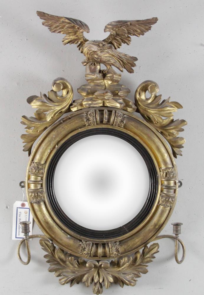 Antique American Federal Convex Mirror: Antique American Federal convex mirror with carved eagle crest, 33" H x 20" W. Provenance: Estate of August van der Becq, Westport, Connecticut.