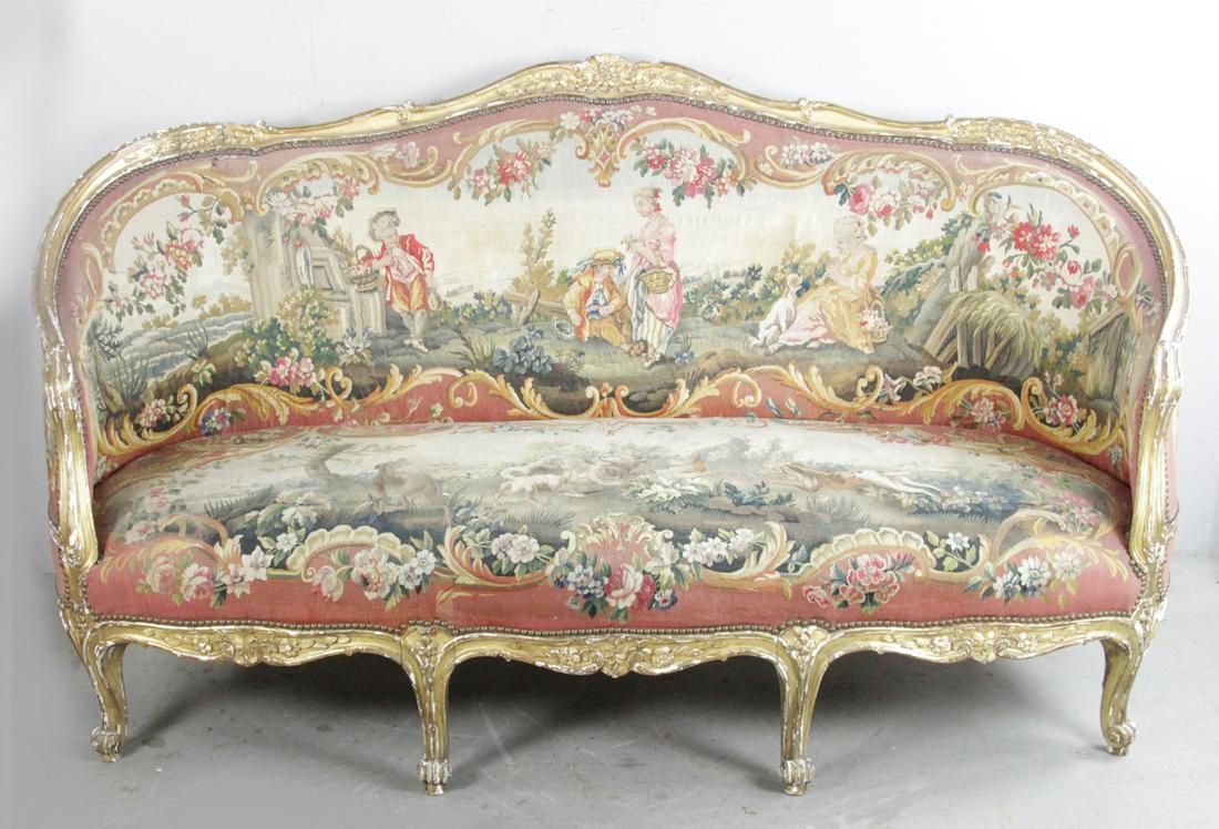 19thC Louis XV Tapestry Upholstered Sofa: 19th century Louis XV tapestry upholstered sofa, 43" H x 78" W x 35" D. Provenance: Estate of August van der Becq, Westport, Connecticut.