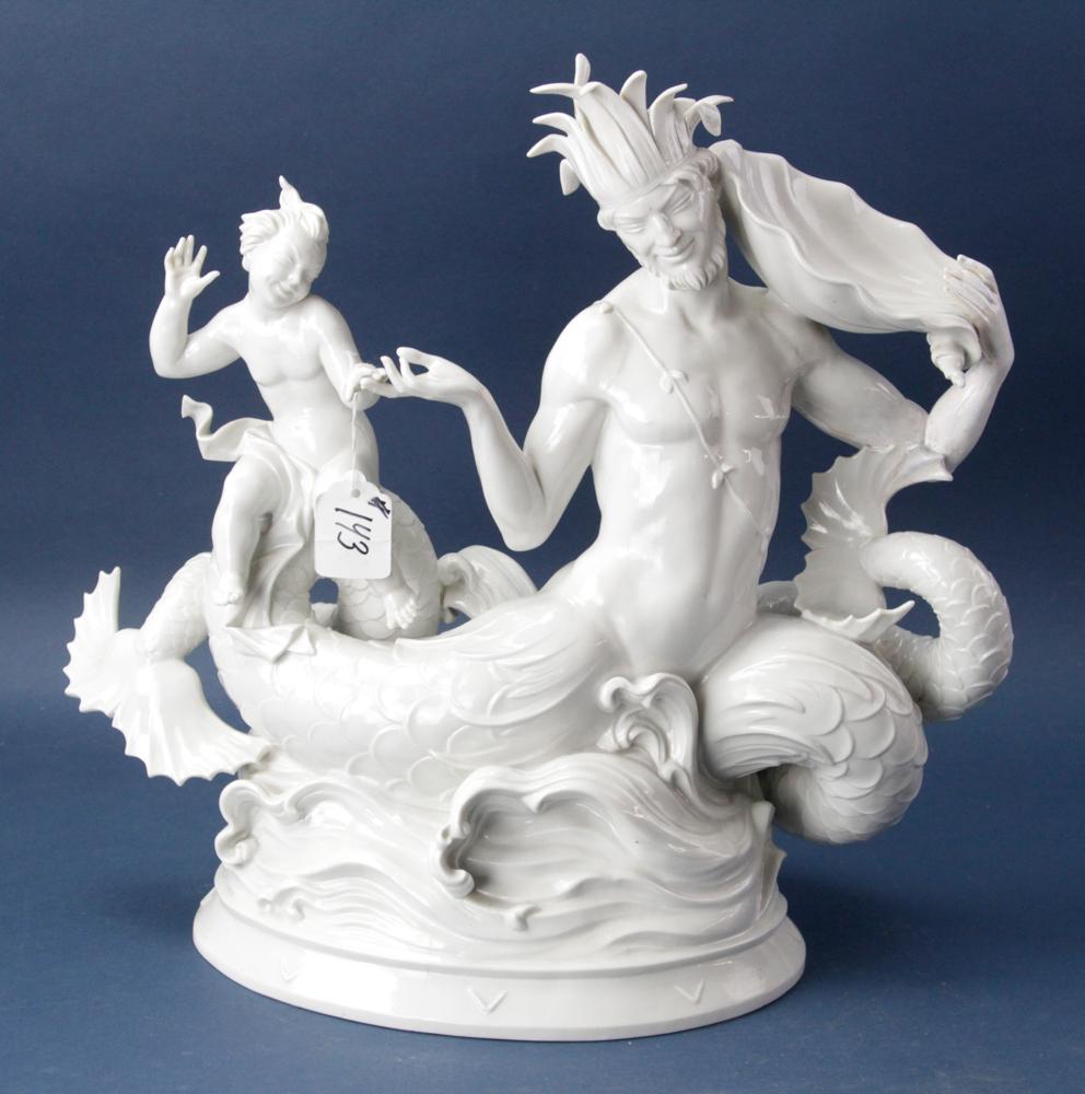 Porcelain Figure of Neptune Signed Gustav Oppel: Porcelain figure of Neptune, with Capodimonte crown mark, signed Gustav Oppel, 15 1/2" H x 16" W x 8" D. Some restoration. Provenance: Estate of August van der Becq, Westport, Connecticut.
