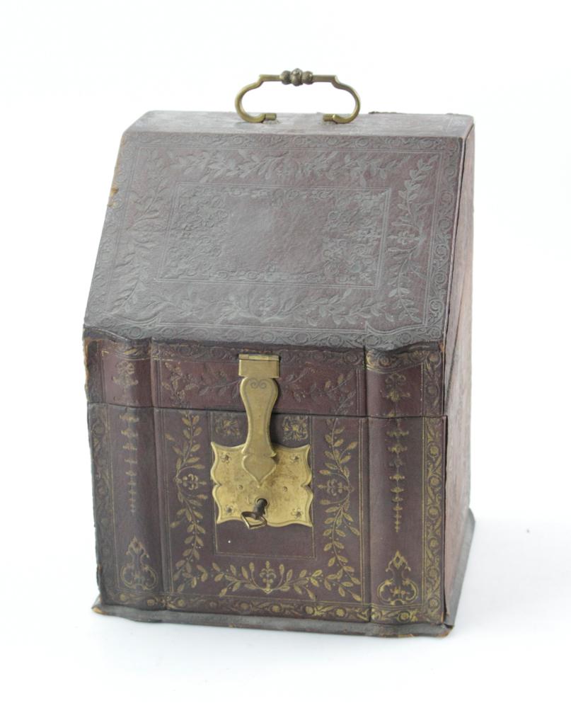 Italian Tooled Leather Letter Box: Italian tooled leather letter box with bronze lock and handle, 12" H x 8" W x 7" D. Provenance: Estate of August van der Becq, Westport, Connecticut.