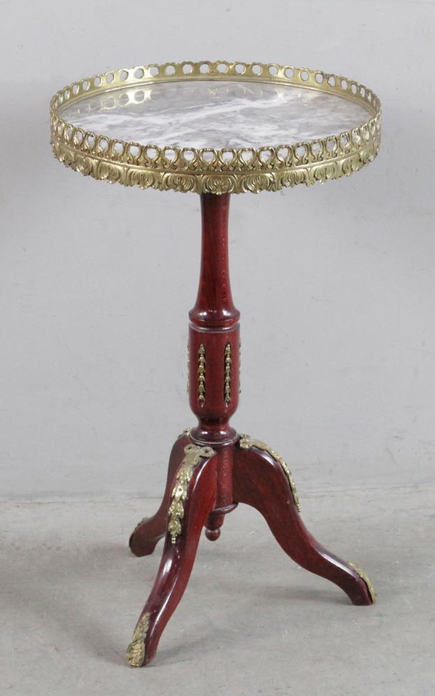 French Marble Top Cognac Table: French marble-top cognac table with brass mounts, 23" H x 13" diameter. Provenance: Estate of August van der Becq, Westport, Connecticut.