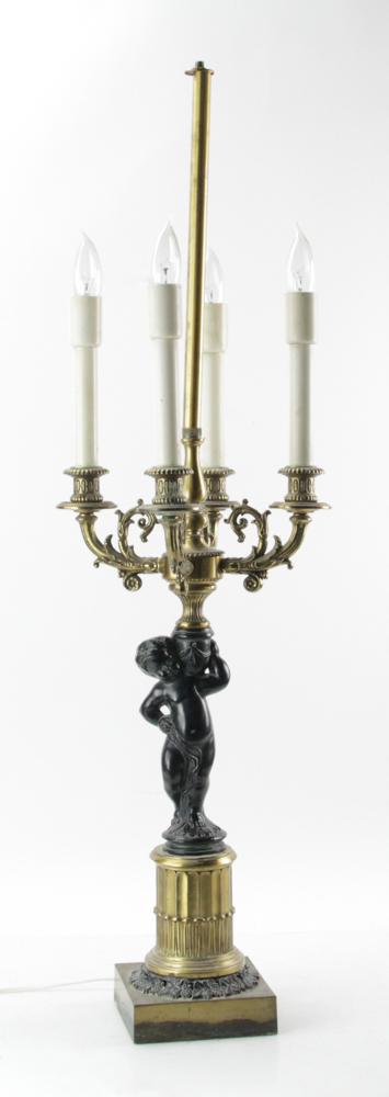 French Figural Candelabrum: French bronze and metal figural candelabrum, electrified, 39" H x 11 1/2" diameter. Provenance: Estate of August van der Becq, Westport, Connecticut.