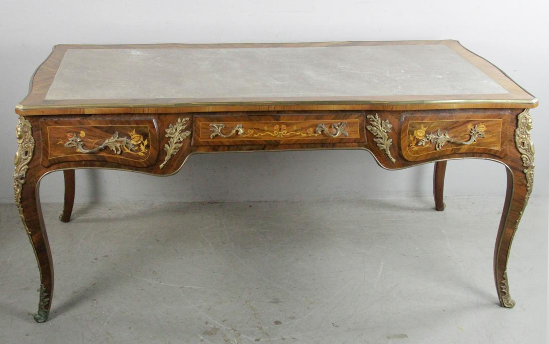 Antique French Bureauplat: Antique French bureauplat with bronze mountings, 29" H x 63" W x 33" D. Provenance: Estate of August van der Becq, Westport, Connecticut.