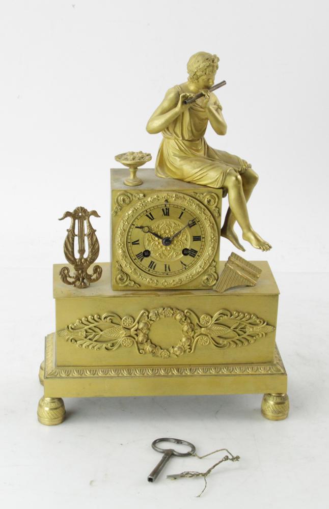 Charles X LeTlutist Style Clock: Charles X LeTlutist-style clock, maker Troy Gadour circa 1820. 13" H x 9 1/2" W X 3 1/2" D. Includes key and pendulum. Provenance: Estate of August van der Becq, Westport, Connecticut.