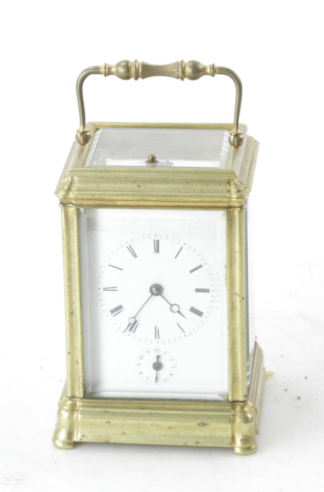 19thC Henry Capt, Geneve, Carriage Clock: 19th century French brass and glass carriage clock (repeater and alarm bell), engraved "Capt Henry Geneve", 7" H x 4" W x 3 1/2" D. Provenance: Estate of August van der Becq, Westport, Connecticut.