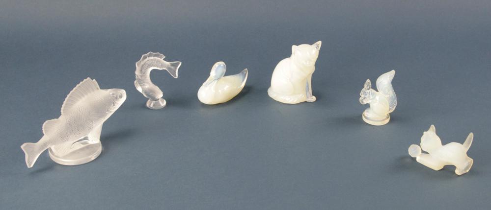 Group of Glass Items, Two Signed Lalique: Group of six (6) glass items, including fish, cat, squirrel, duck. Two signed Lalique. Provenance: Estate of August van der Becq, Westport, Connecticut.