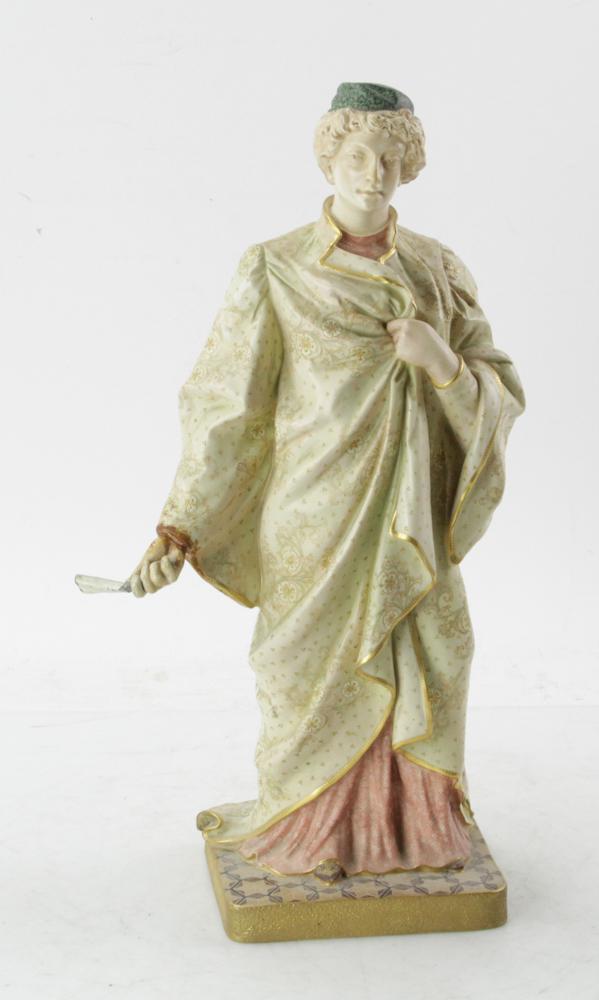 English Doulton Burslem Porcelain Figurine: English Doulton Burslem porcelain figurine, 17" H x 9" W x 5 1/4" D. Provenance: Estate of August van der Becq, Westport, Connecticut.