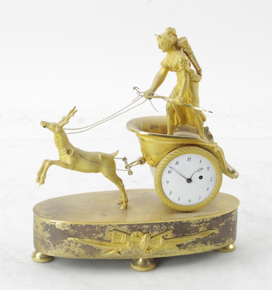 19thC French Gilt Bronze Chariot Clock: 19th century French gilt bronze chariot clock, 8" H x 7" W x 3" D. Missing back door. Provenance: Estate of August van der Becq, Westport, Connecticut.