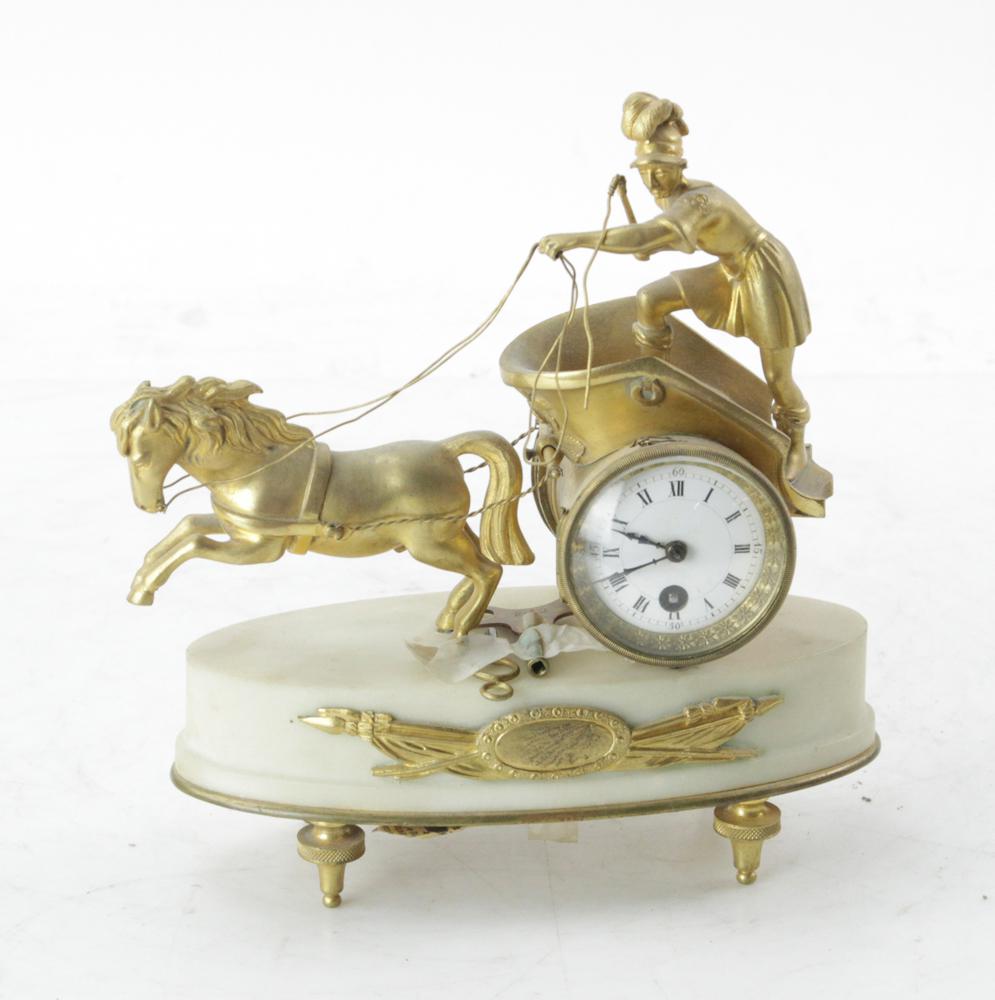 19thC French Gilt Chariot Clock with Marble Base: 19th century French gilt metal chariot clock with white marble base, 8" H x 7" W x 3" D. Provenance: Estate of August van der Becq, Westport, Connecticut.